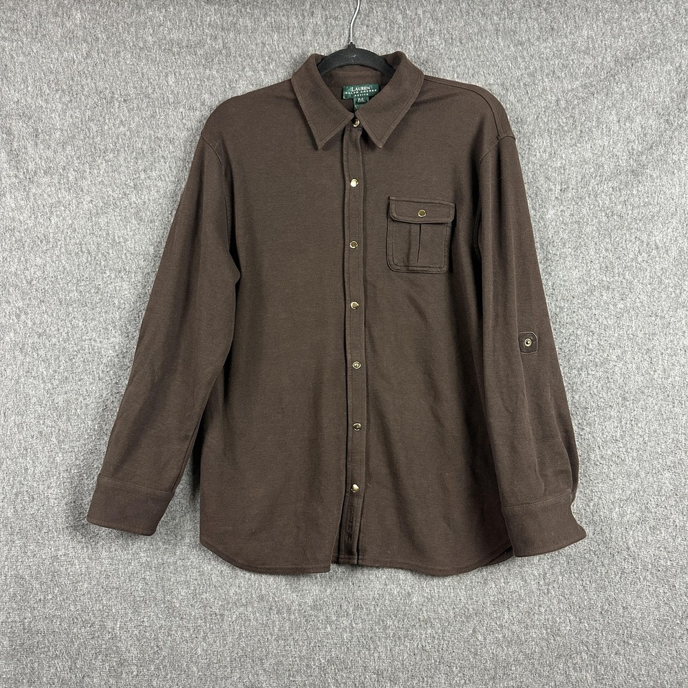 Lauren Ralph Lauren Shirt Womens Petite Large Brown Button Up Stretch Knit Top